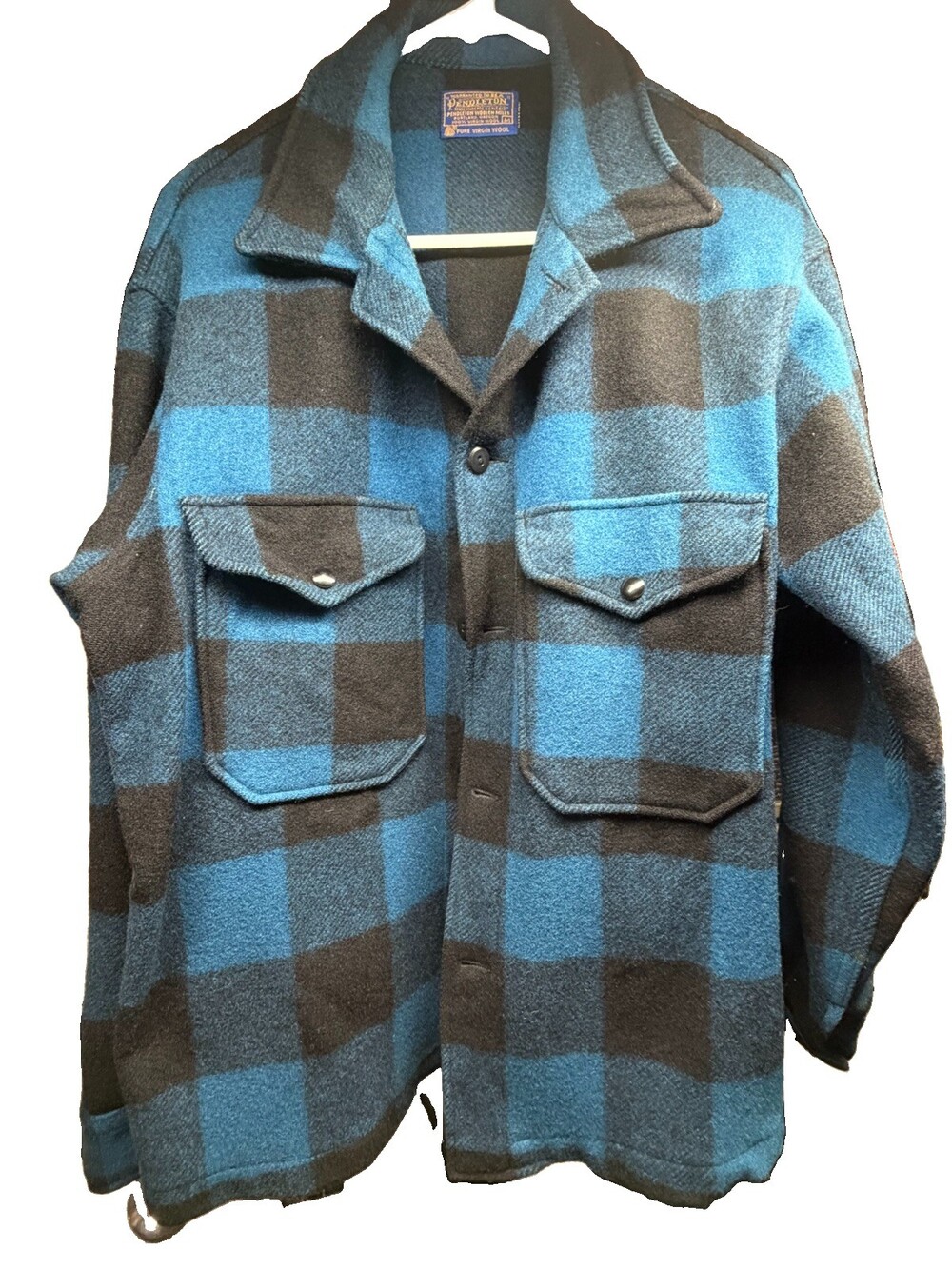 VTG 70s Pendleton Wool Blue Black Buffalo Plaid Field Jacket Shacket Mens M
